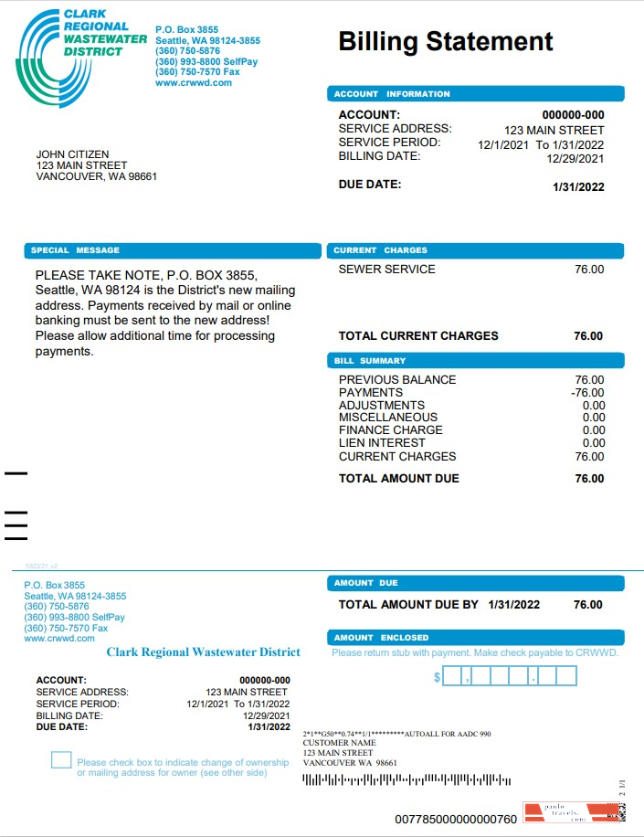 USA Washington Clark Regional Wastewater District utility bill, Word and PDF template
